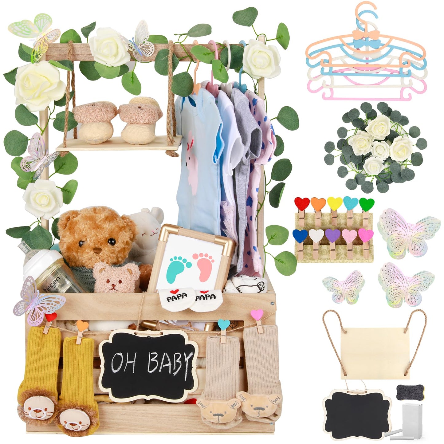 ELESTONE Wooden Baby Shower Crate Closet with Handle, Hangers & Garland, Large Capacity Baby Basket for Baby Shower, Customizabl