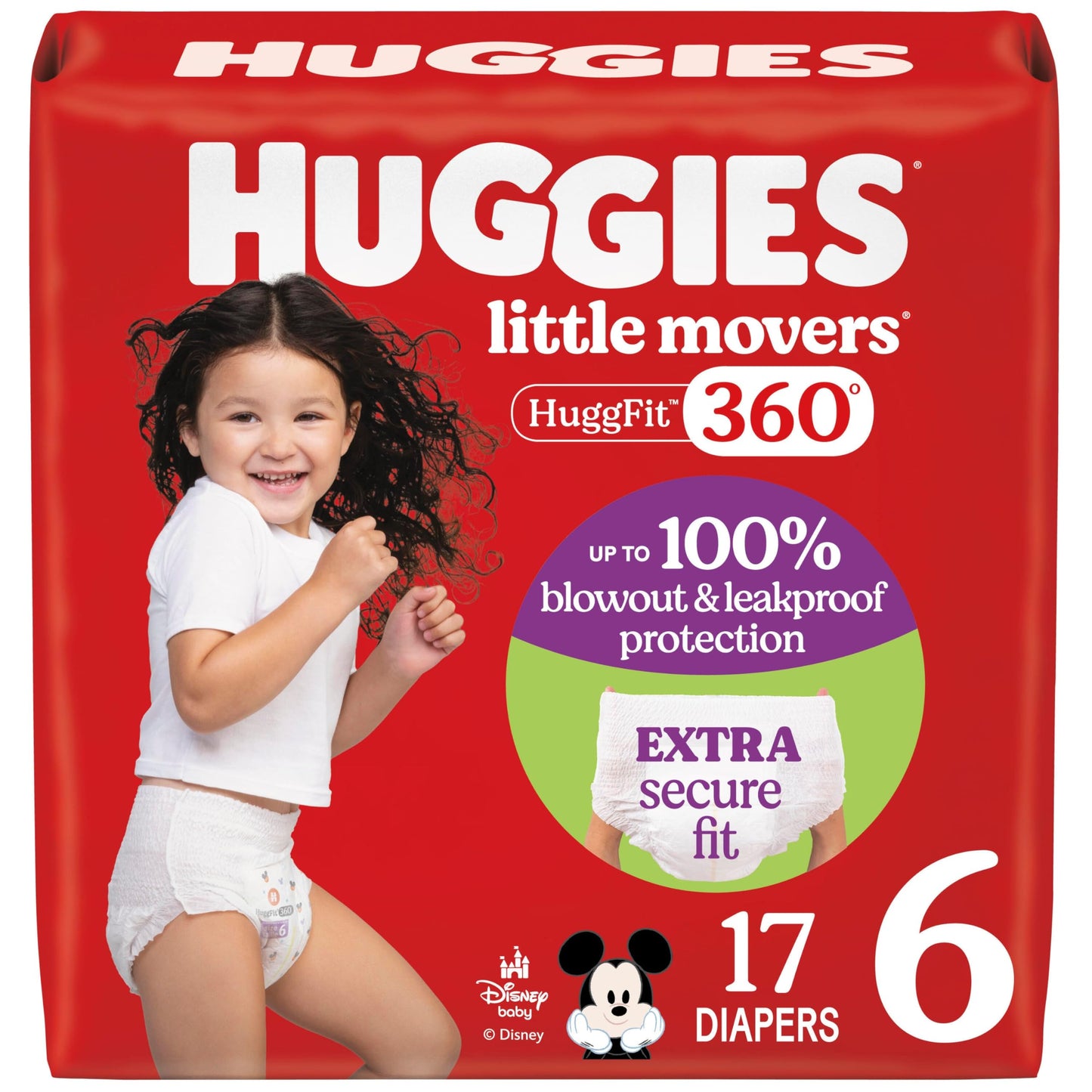 Huggies Size 6 Baby Diapers, Little Movers HuggFit 360 Baby Diapers with 360 Waistband, Size 6 (35+ lbs), 17 Count, Packaging Ma