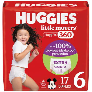 Huggies Size 6 Baby Diapers, Little Movers HuggFit 360 Baby Diapers with 360 Waistband, Size 6 (35+ lbs), 17 Count, Packaging Ma