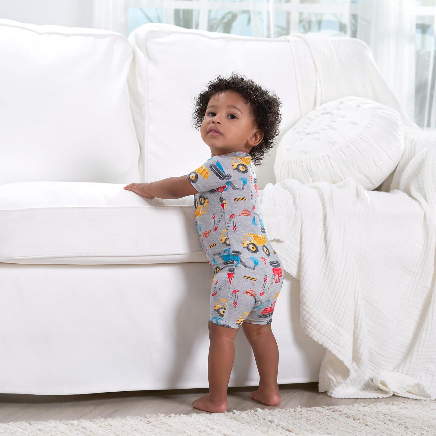 Gerber Unisex Baby Buttery Soft Short Sleeve Romper With Viscose Made From Eucalyptus, Construction, 0-3 Months