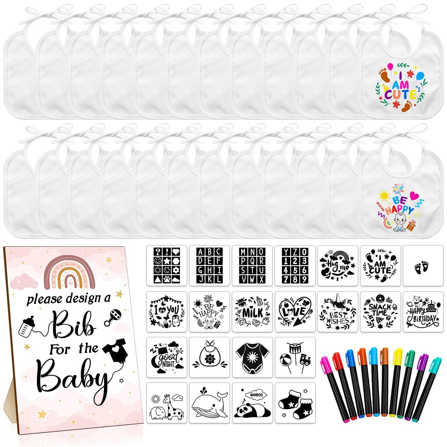 Newwiee 55 Pcs White Bibs for Baby Decorating Design a Bib Decorate Plain newborns Bibs Wooden Sign for Baby Shower Games Kit(Ra