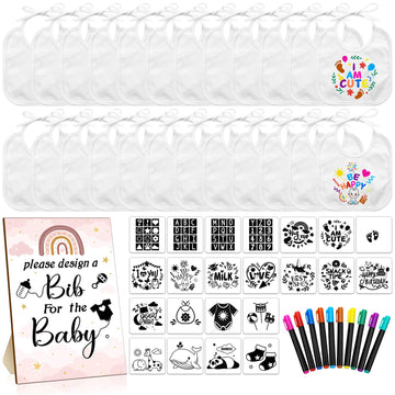 Newwiee 55 Pcs White Bibs for Baby Decorating Design a Bib Decorate Plain newborns Bibs Wooden Sign for Baby Shower Games Kit(Ra