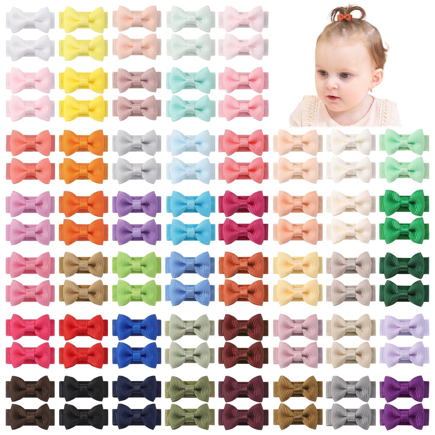 Yoyokid 100Pcs Baby Girls Snap Hair Clips, 1.2' Grosgrain Ribbon Tiny Hair Bows Clips For Baby Girls Toddlers Infant Fine Thin