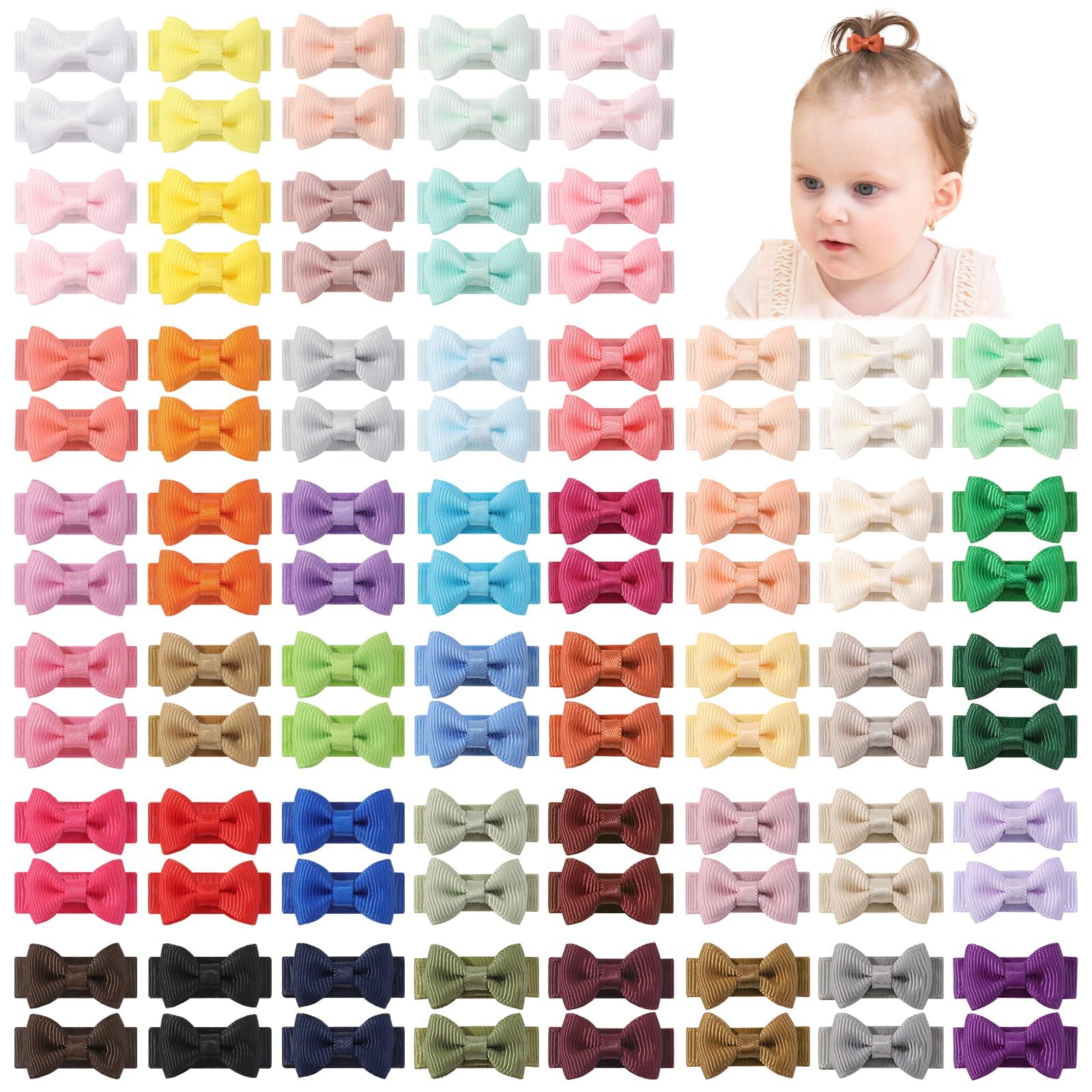 Yoyokid 100Pcs Baby Girls Snap Hair Clips, 1.2' Grosgrain Ribbon Tiny Hair Bows Clips For Baby Girls Toddlers Infant Fine Thin