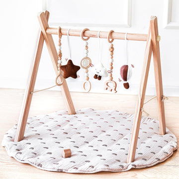 Wooden Baby Play Gym With Mat, Foldable Baby Play Gym Frame Activity Gym Hanging Bar With 6 Gym Baby Toys Rainbow Playmats For N