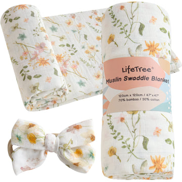 LifeTree Baby Muslin Swaddle Blankets for Boys & Girls, Newborn Swaddle Set with Matching Headband Bow, Infant Blanket Wrap, 47 