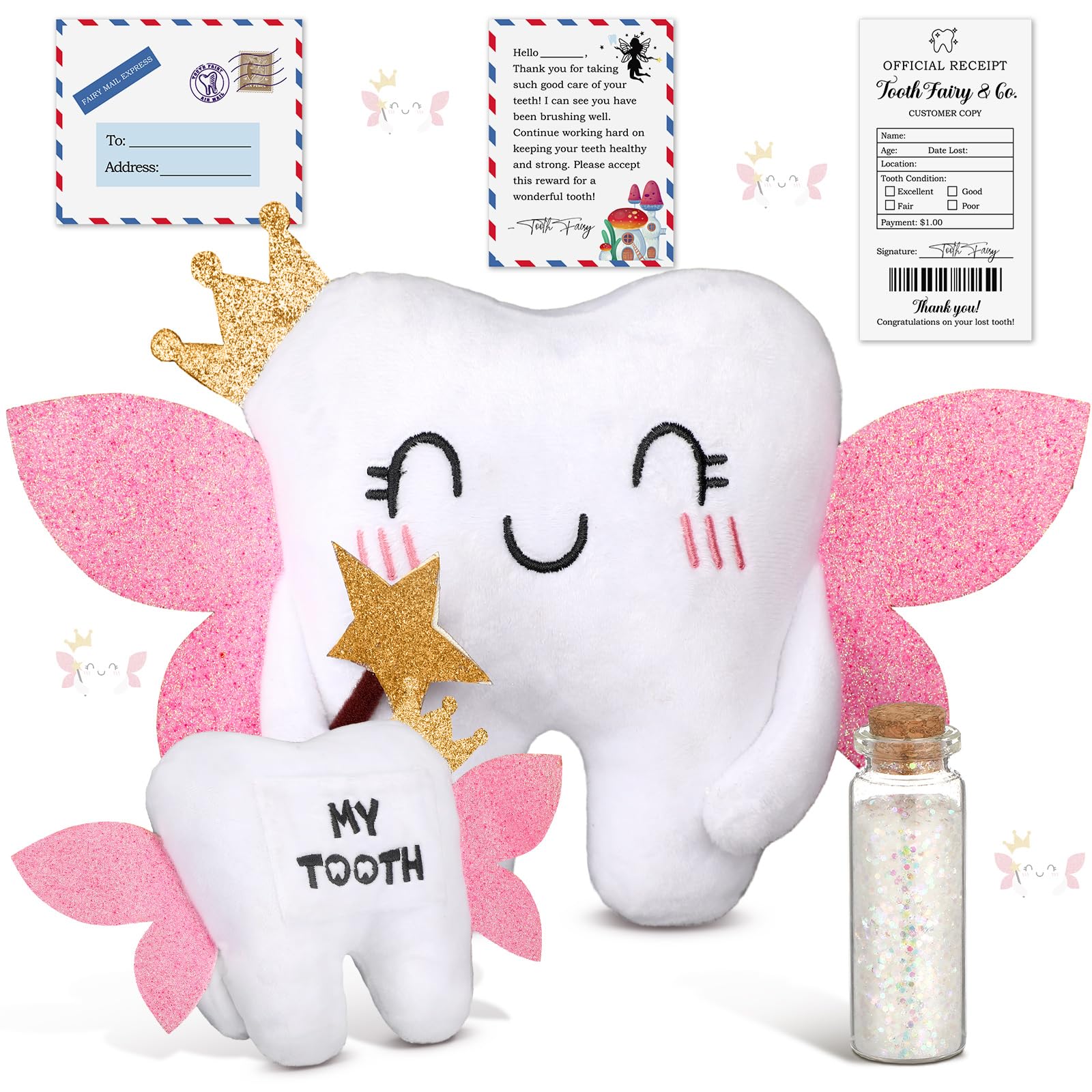 Threehoney Tooth Fairy Pillow Kit Includes Toothfairy Pillow With Pocket Fairy Glitter Receipt Envelope Card, Toothfairy Plush K