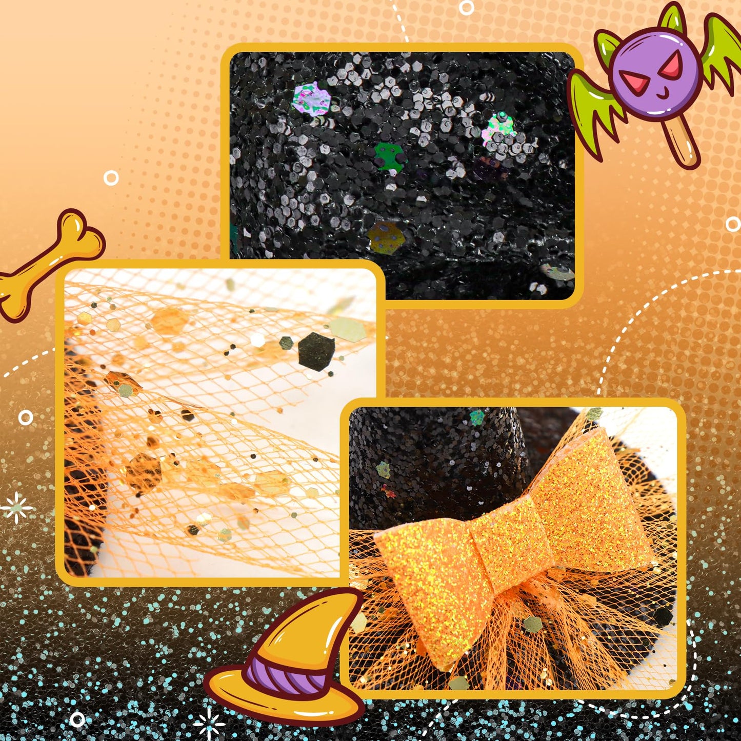YanJie Halloween Headband for Infants Mini Witches Hat Glitter Nylon Headbands 3 Witch Hats with Orange Baby Bow Stretchy Head