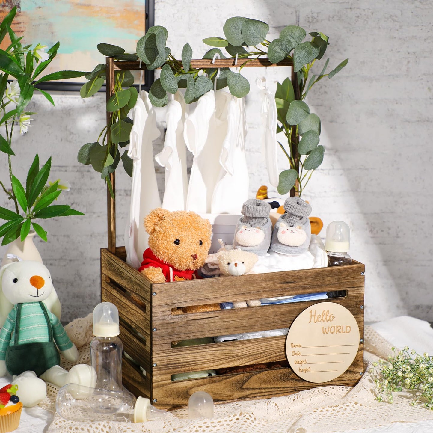 Barydat Wooden Baby Shower Crate Closet Baby Basket With Handle Baby Announcement Sign Garland Baby Hangers Large Letter, Wooden