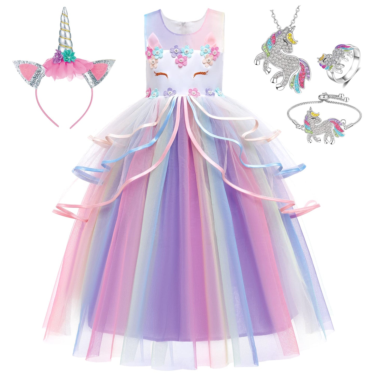 Unicorn Princess Dress Up Clothes For Little Girls - Costume, Jewelry And Headband (4-5 Years, Unicorn Princess 5C)