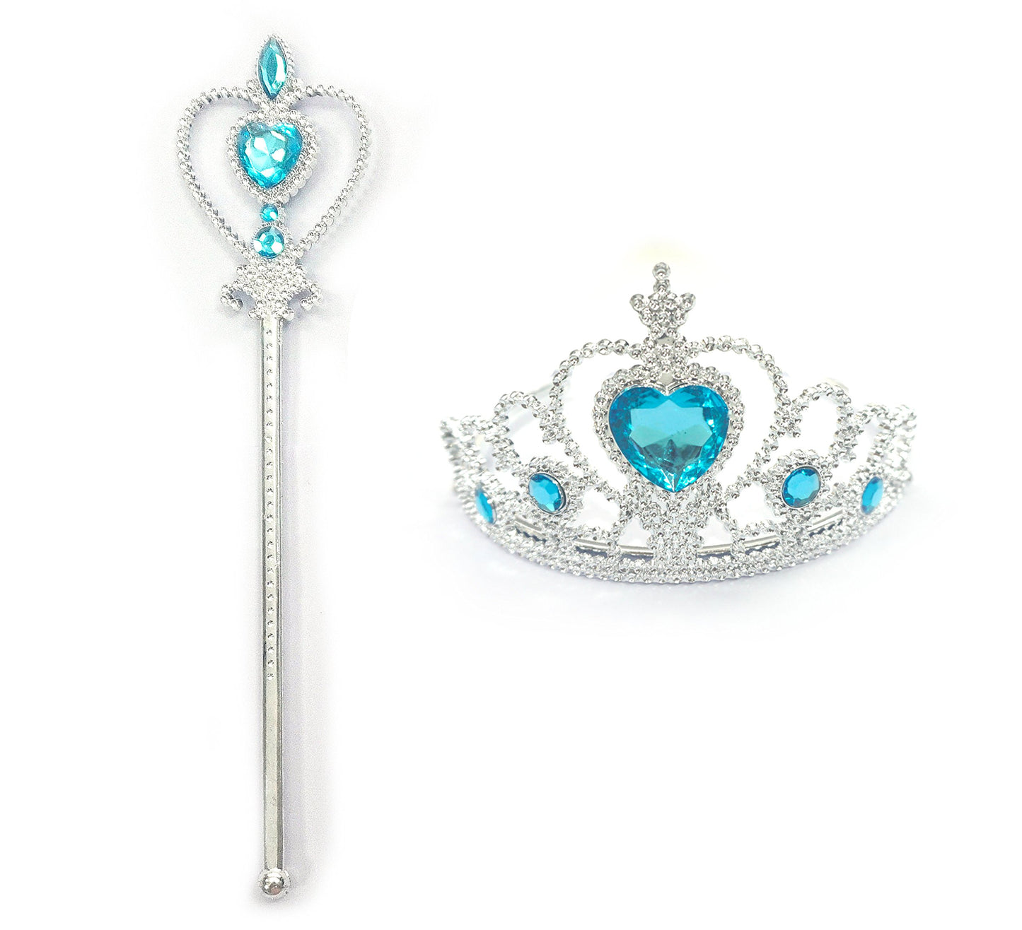Kuzhi Frozen Crown Tiara And Wand Set - Silver Heart Jewel (Blue)