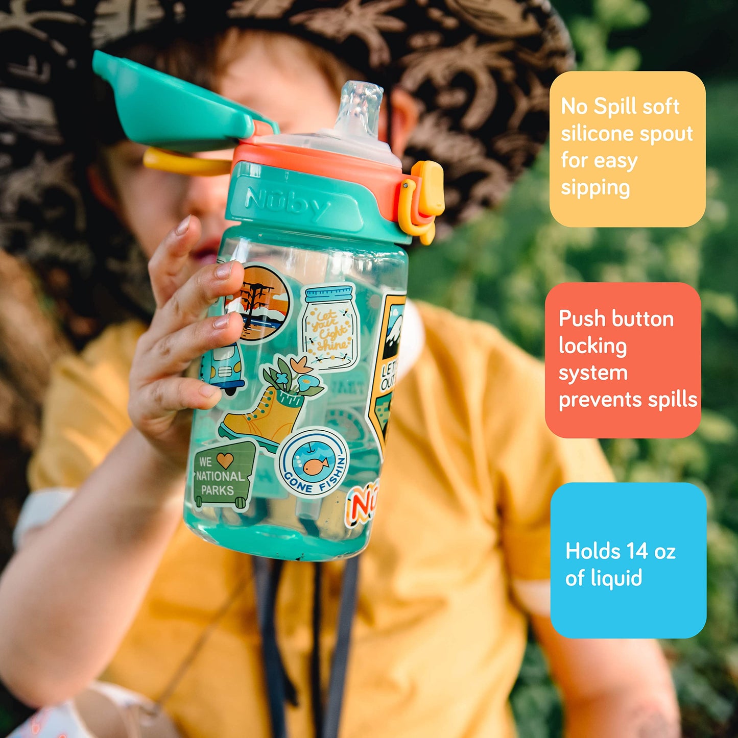 Nuby Kids Spill Proof Push Button And Travel Sticker Water Bottle With Soft Silicone Spout: 18+ Months, 14Oz / 420Ml