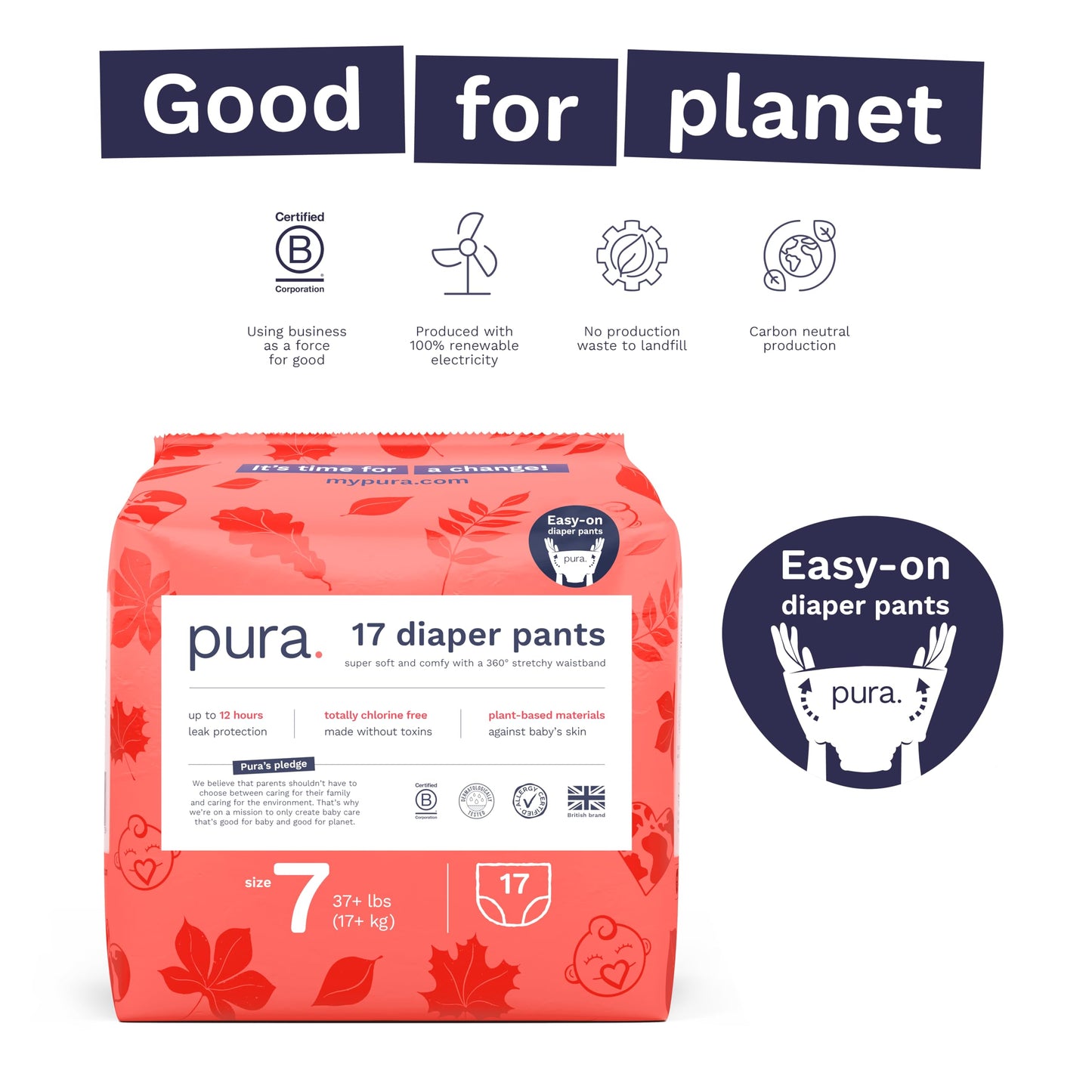 Pura Size 7 Diaper Pants - 3 X 17 Diapers, 51 Total (37+Lbs), Pull Up Disposable Baby Diapers For Sensitive Skin, Hypoallergenic