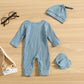 Grnshts Newborn Baby Boy Romper Coming Home Outfits Letter Print Knitted Jumpsuit+Hat+Gloves 3Pcs Clothes Set (Cadetblue, 1-3 Mo