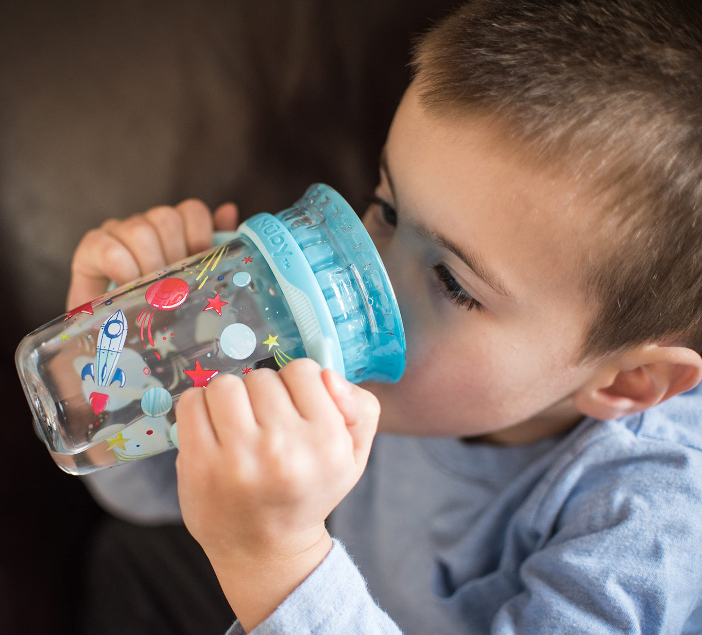 Nuby 360 Edge 2 Stage Drinking Rim Cup With Removable Handles & Hygienic Cover: 10 Oz/ 300 Ml 12M+ Space Aqua 80809