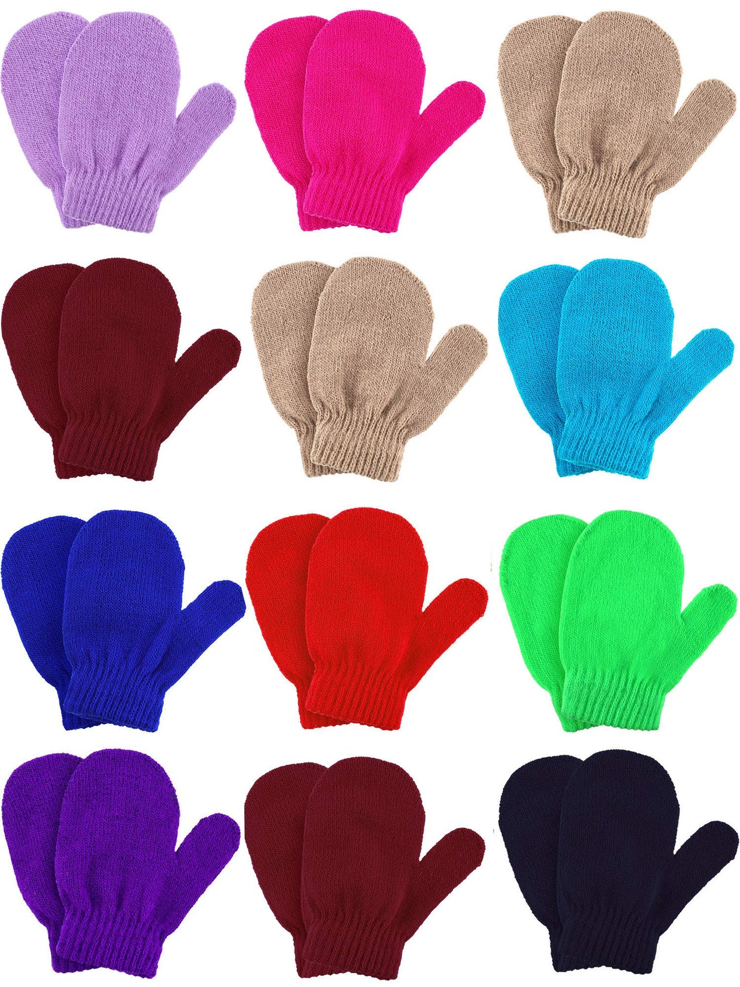 Boao 12 Pairs Toddler Mittens Bulk Kids Winter Knit Gloves pack Childrens Stretch Mittens for Toddler Boys Girls(Rosy, Purple, C