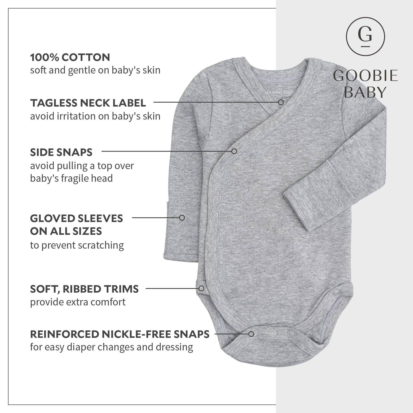 Baby Side Snap Bodysuit Set, Long Sleeve Cotton Boy Girl Kimono Onesie, 4 Pack, Gray, 0-3 Months