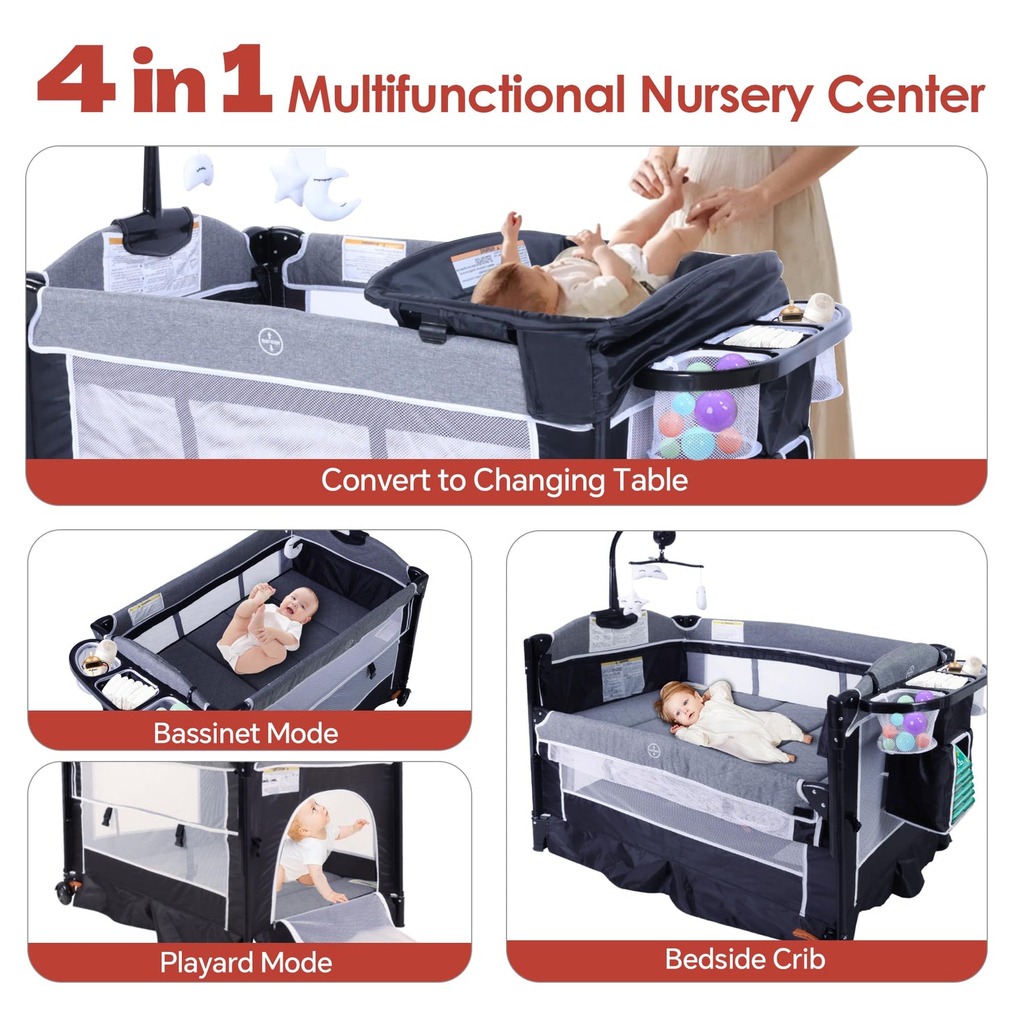 TODEFULL 4 in 1 Pack n Play, Multifunction Baby Bassinet Bedside Crib, Portable Baby Nursery Center Playard w/Baby Changing Tabl