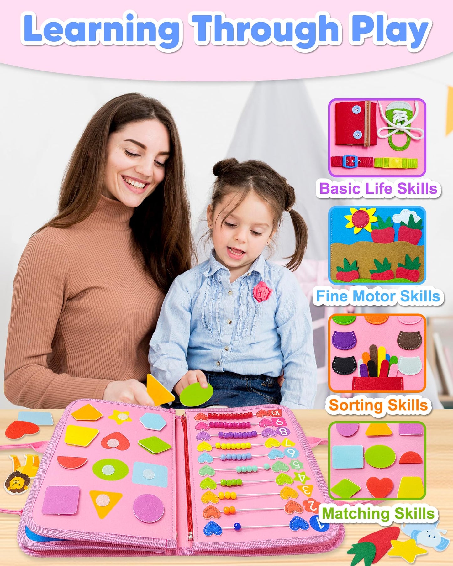 Exorany Busy Board Montessori Toys for 1 2 3 4 Year Old Girl Birthday Gifts, Toddler Girl Toys Age 1-2, 2-4, Busy Book Sensory T