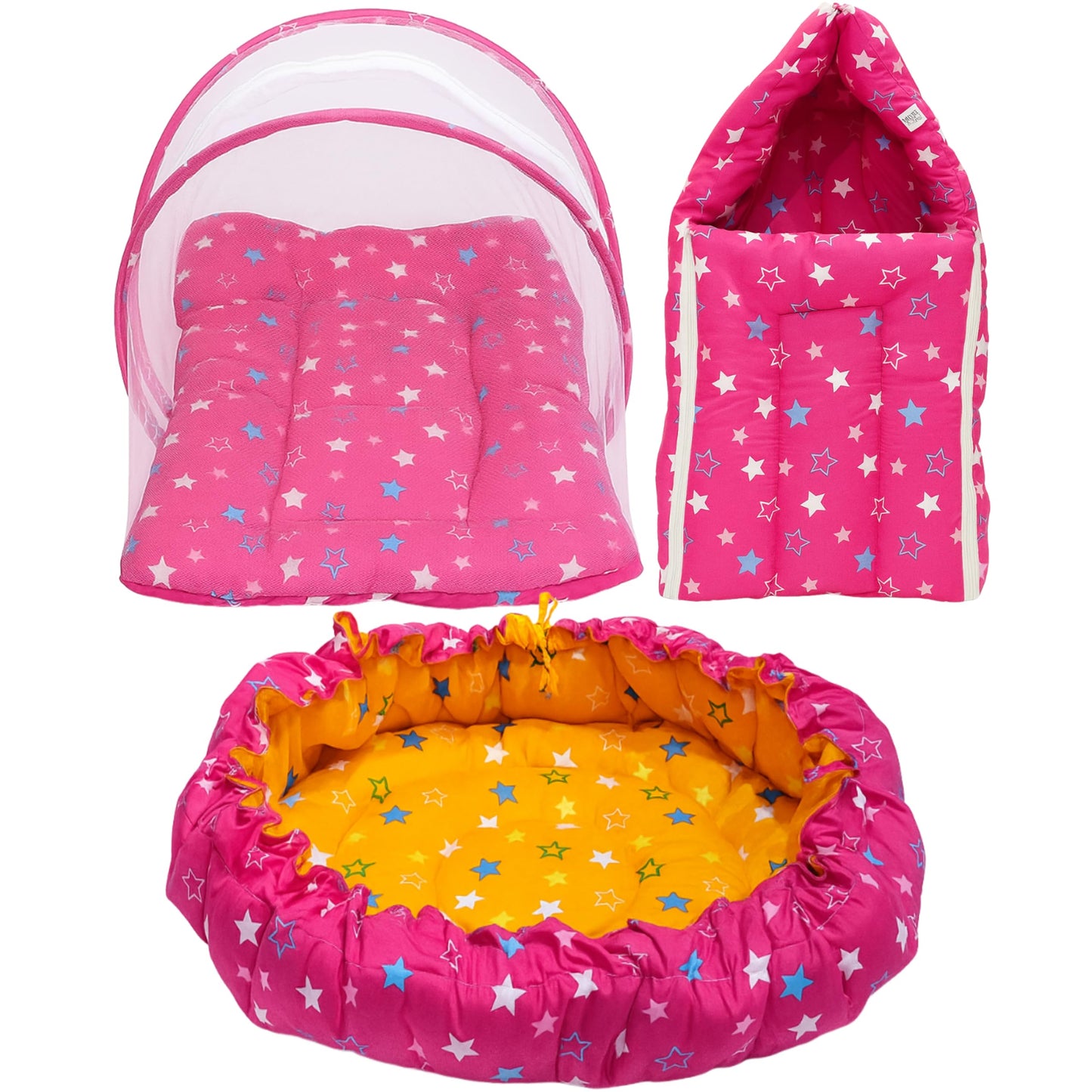 Infantbond Cotton Baby Sleeping Essential Reversible Nest | Mattress With Net | Carry Bag(06 Months, Pink)