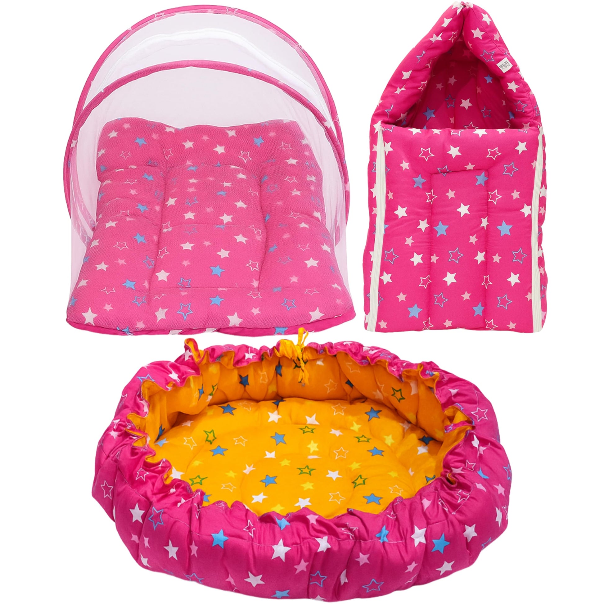 Infantbond Cotton Baby Sleeping Essential Reversible Nest | Mattress With Net | Carry Bag(06 Months, Pink)