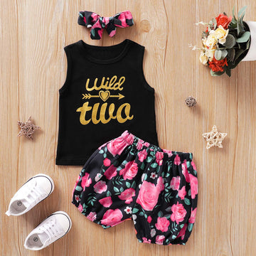 2Nd Birthday Outfit Girl 2 Year Old Girl Birthday Clothes Baby Girl Wild Two Shorts Set (2T,Black-Wild Two)