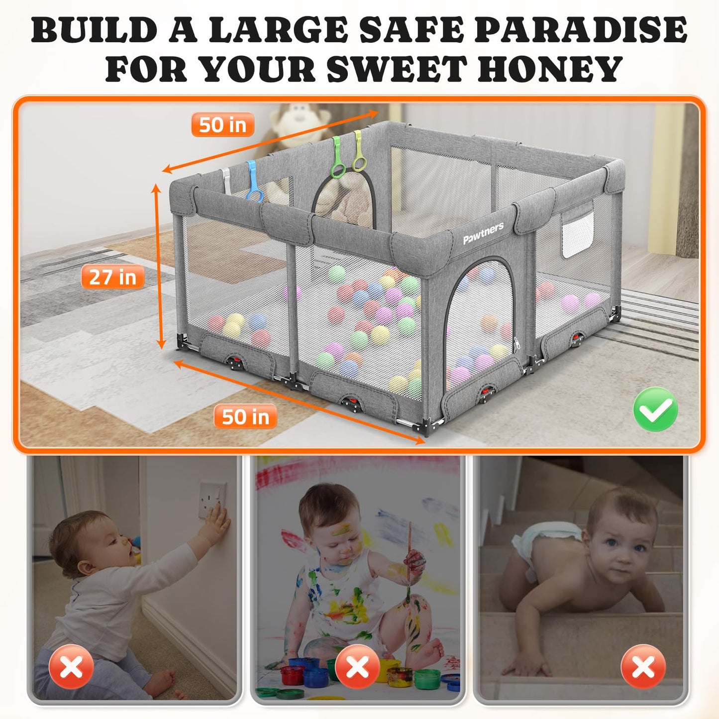 Foldable Playpen For Babies And Toddlers: 50' L X 50' W X 27' H, Large Kids Play Yard, Portable For Indoor And Outdoor Play A