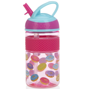 Nuby Thirsty Kids Flip-It Freestyle On The Go Water Bottle With Bite Resistant Hard Straw Cup And Easy Grip Band, Pink Donuts, 1