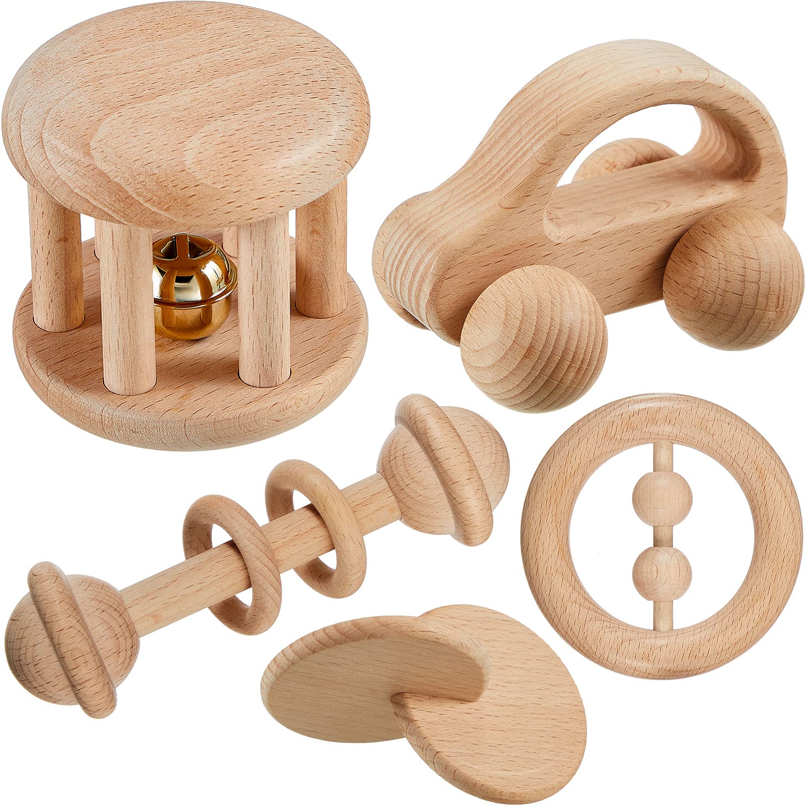 5 Pieces Wooden Baby Toys Wooden Toys for Babies 0-6-12 Months Wood Toys Rattles with Bells Montessori Wood Baby Push Car Wooden