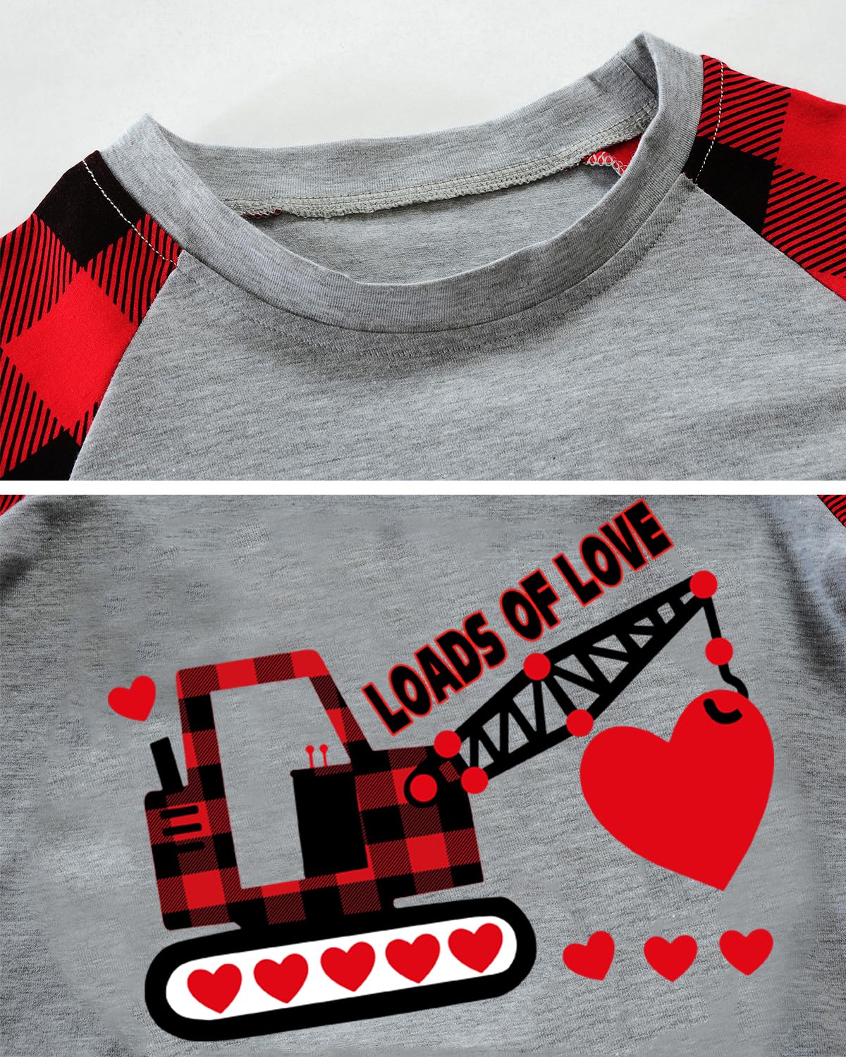 Valentine'S Day Shirt For Toddler Boy Girl Clothes Heart Crane Truck Outfits Buffalo Red Plaid Raglan Sleeve Kids Tee Tops 6T