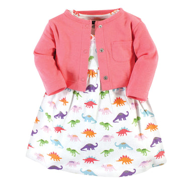 Hudson Baby Baby Cotton Dress And Cardigan Set, Girl Dinosaurs, 12-18 Months