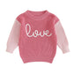 Toddler Girl Valentines Day Outfit Cute Valentines Day Sweater Love Embroidery Knit Pullover Sweatshirt Top(C-Pink,2-3T)