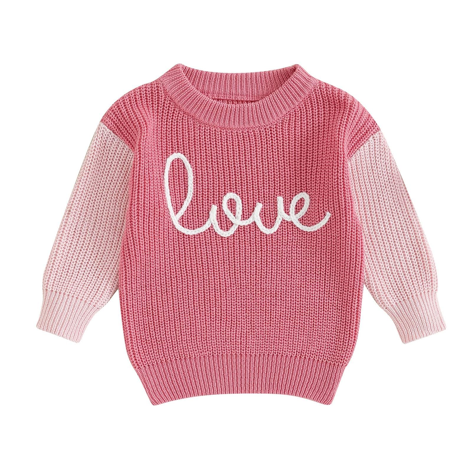 My First Valentines Day Baby Girl Outfit Baby Valentines Day Sweater Love Embroidery Knit Pullover Sweatshirt Top(C-Pink,12-18 M