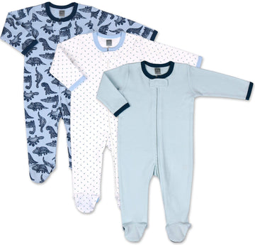 The Peanutshell Baby Sleeper Set For Boys Or Girls | 3 Pack In Dinosaur, Solid Blue & Dots | 9 M Footed Pajamas (9M)