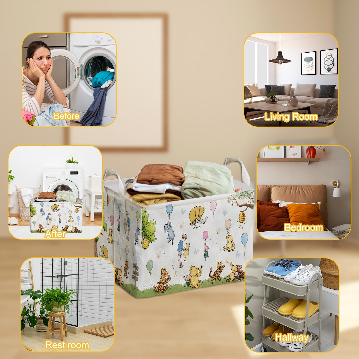 Zsatuiy Winnie Baby Stuff,Winnie Storage Nursery Basket, Large Squarecanvas Laundry Hamper With A Waterproof Pecoating, Foldable