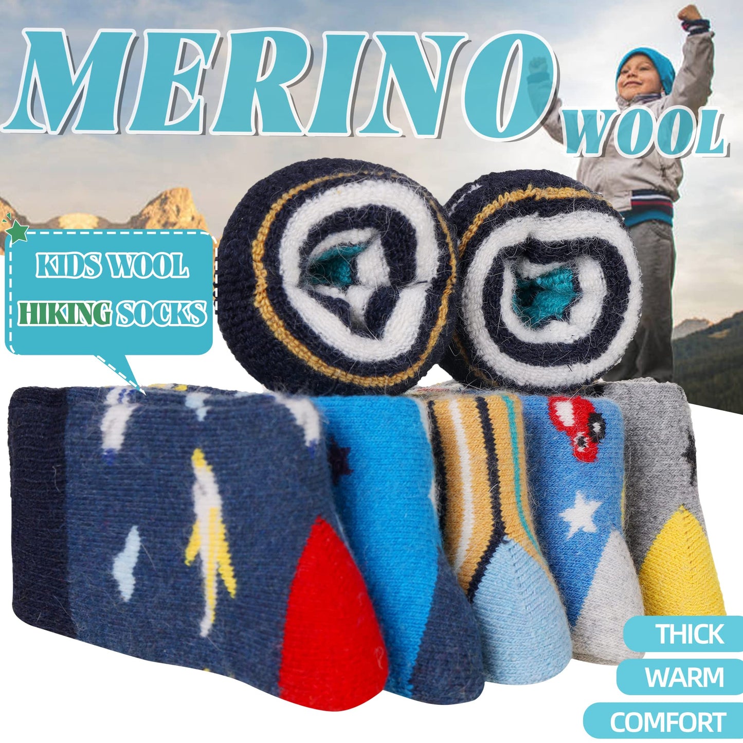 Eocom 6 Pairs Children'S Winter Warm Wool Animal Crew Socks Kids Boys Girls Socks (Car, 4-7X)