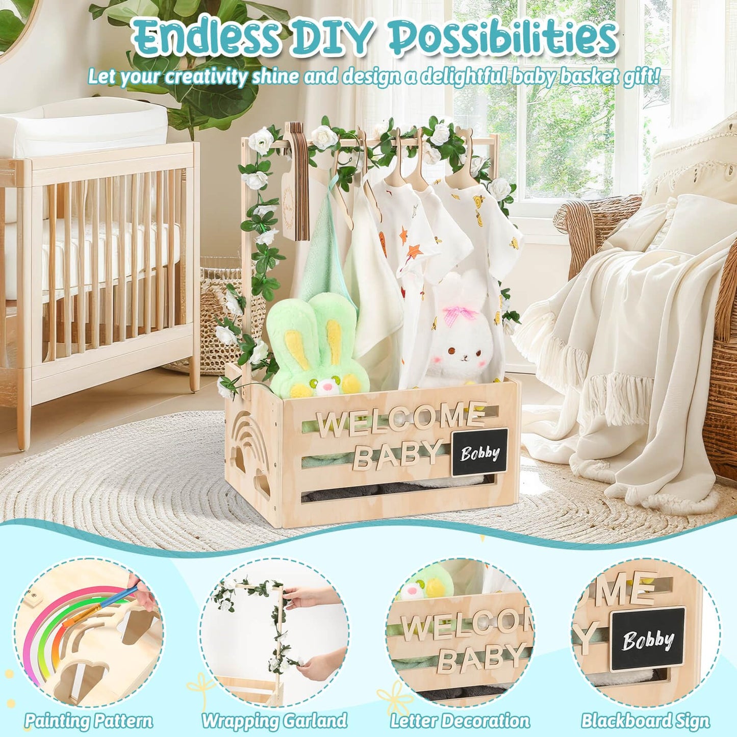 Jupwalz Wooden Baby Shower Crate Closet With Hangers, Letters, Dividers - Easy Assembly Basket For Newborn Boys Girls - Pregnanc