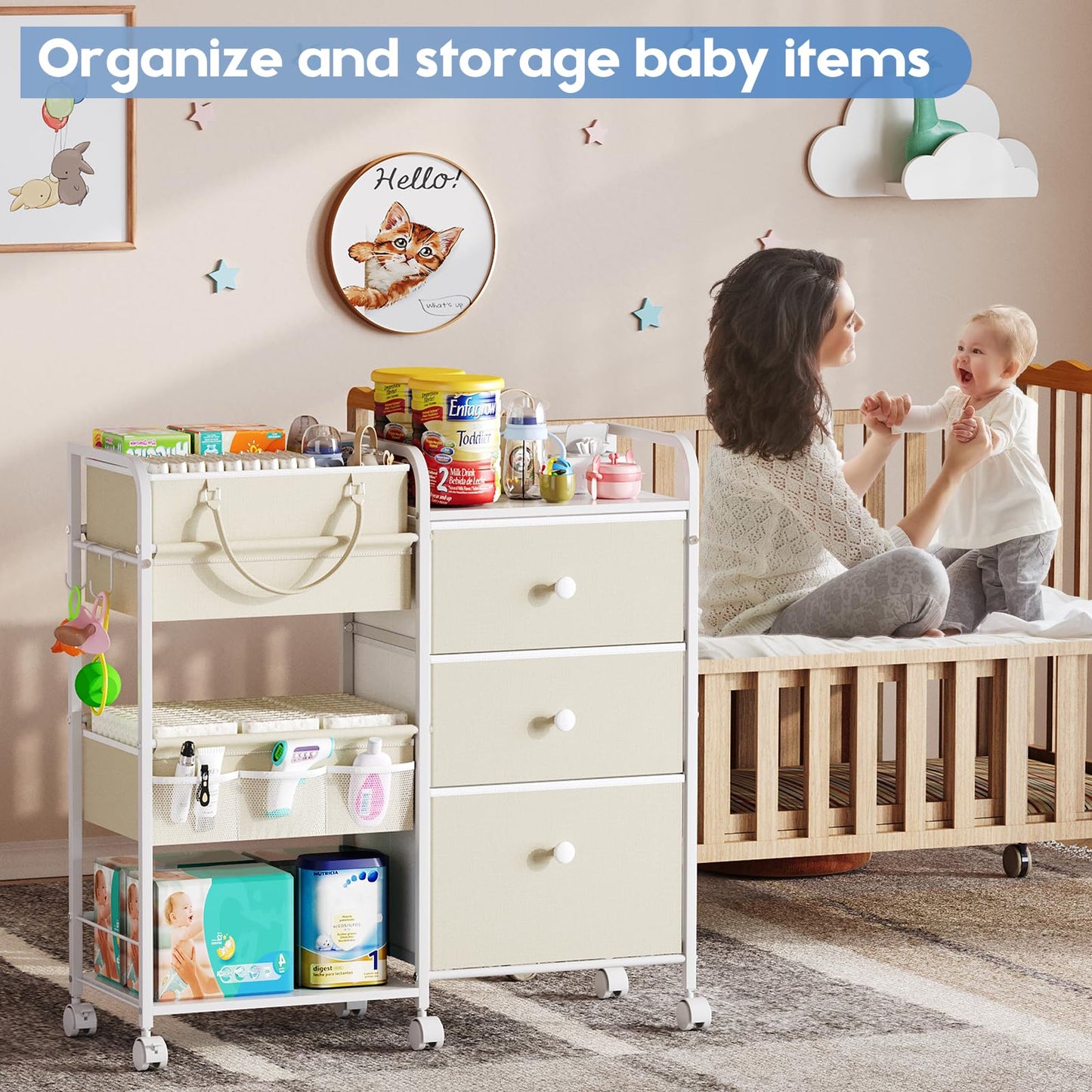 Cidaziya 2In1 Baby Diaper Caddy Organizer and Storage, 3 Tier Rolling Cart with Dividers and Drawers, Mobile Utility Cart Baby D