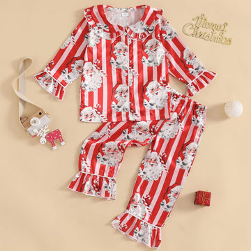 Afunbaby Toddler Baby Girl Boy Silk Satin Pajamas Set Button Down Pjs Kids Long Sleeve Shirt Pants Christmas Pjs Sleepwear (Stri
