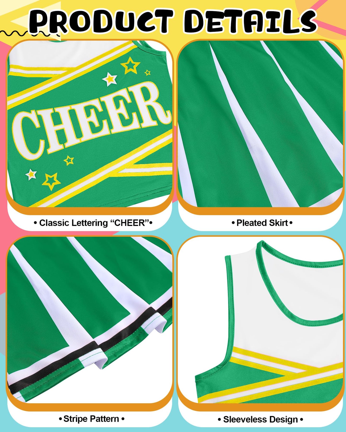 Jenpen Cheerleader Costume For Girls Cute Cheerleading Outfit Cheer Uniform For Halloween Dress Up With Accessories (Green,L(7-9