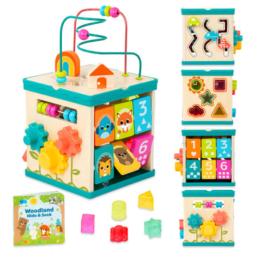 B. toys - Tabletop Activity Cube - Educational Storybook Included - Wooden Shape Sorter, Bead Maze, Animal Tiles - Top Flips for
