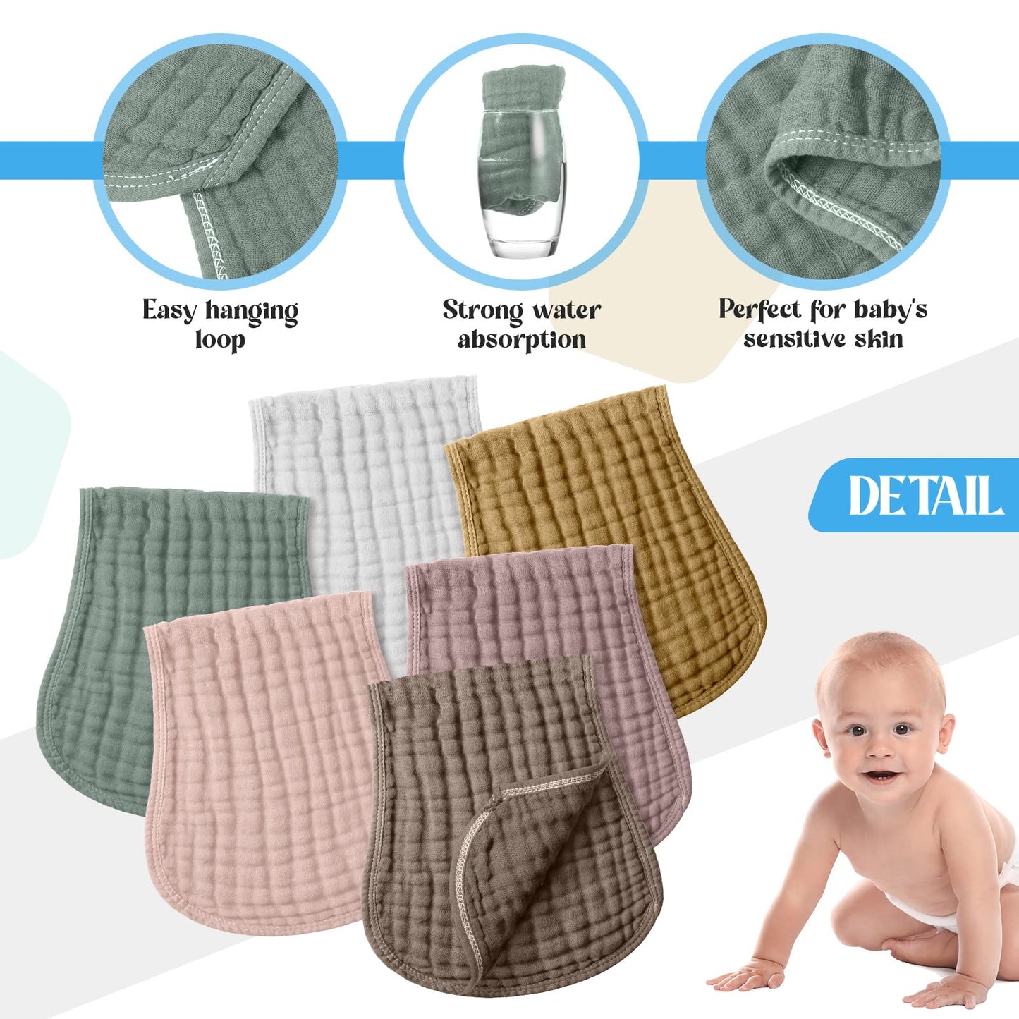Frienda 6 Pack Muslin Burp Cloths Cotton Large 20x 9 Extra Absorbent and Soft Baby Burping Cloth for Baby Boy Girl Unisex(No