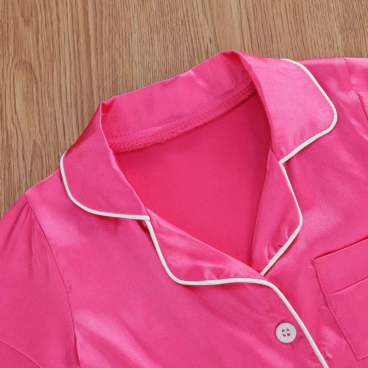 Toddler Baby Kids Satin Pajamas Set, Long Sleeve Button-Down Sleepwear Pjs For Girls (5T, Rose Red-Short Sleeve)
