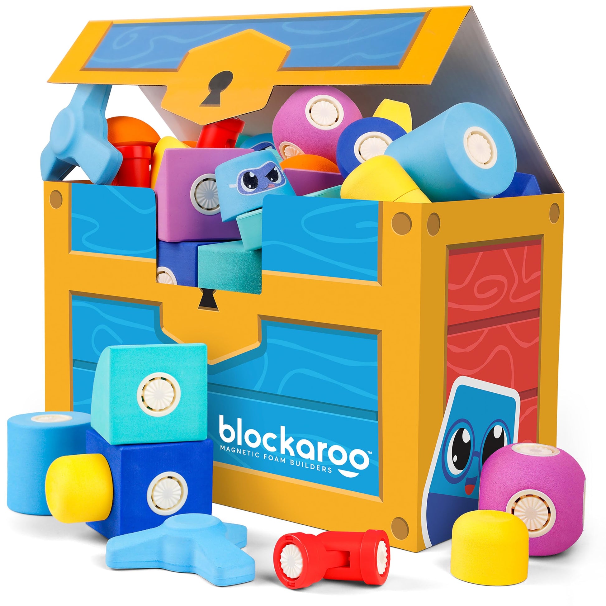 Blockaroo Magnetic Foam Bath Building Blocks - 50-Piece Trunk Set, Preschool Toys, Bathtub Toys, Sensory Toys, Engineering Toys 