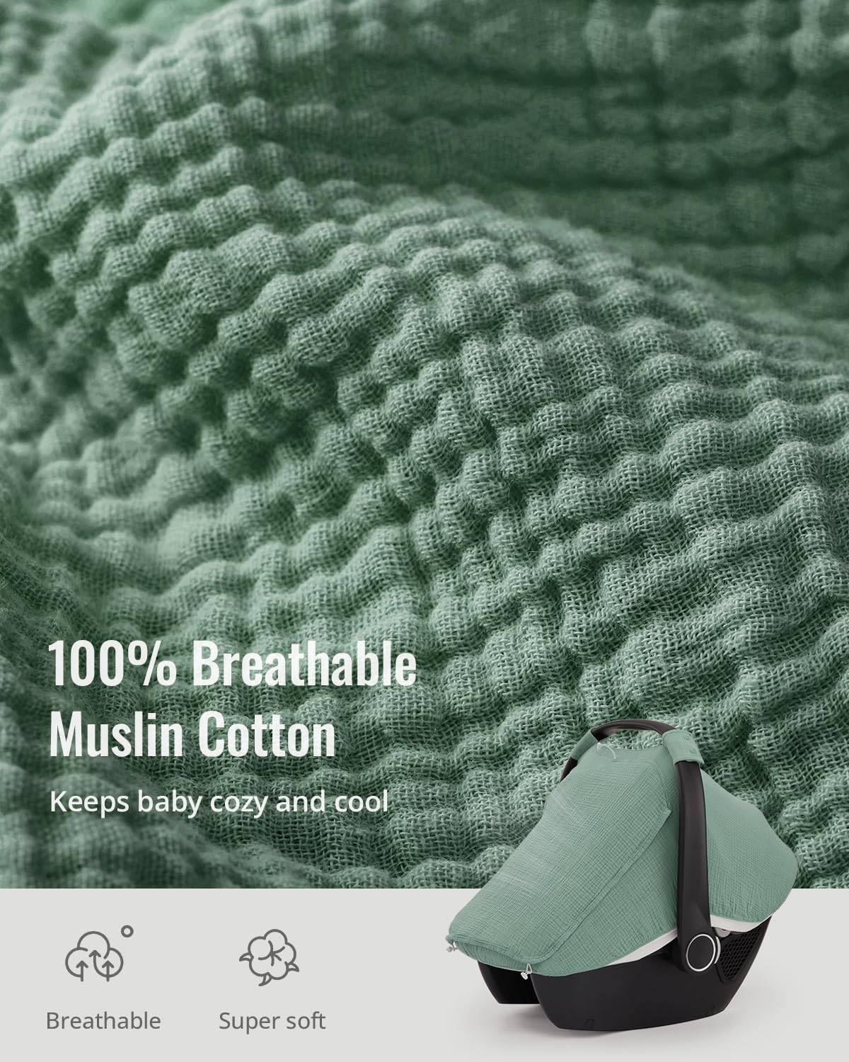 Blissful Diary Baby Car Seat Cover, Extra Large Mesh Window, Breathable Muslin Cotton, Infant Windproof Canopy - Roman Green
