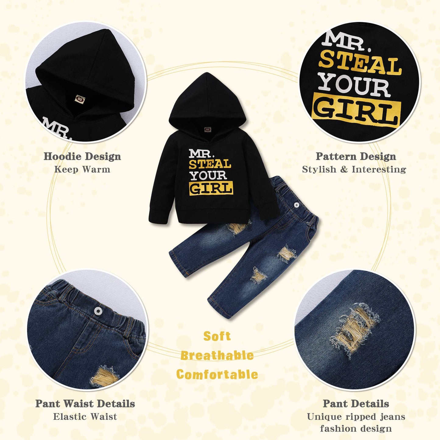 Nzrvaws 18 Months Boy Clothes Toddler Boy Clothes 24 Months Long Sleeve Sweater Hoodie Top + Ripped Jeans Long Pants Clothes Set