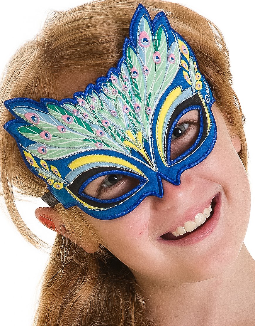 Fanciful Fabric Peacock Mask, 7''L Green