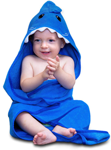 Hudz Kidz Hooded Baby Shark Towel, Soft 100% Cotton, Perfect For Newborn Through Toddler (Blue)