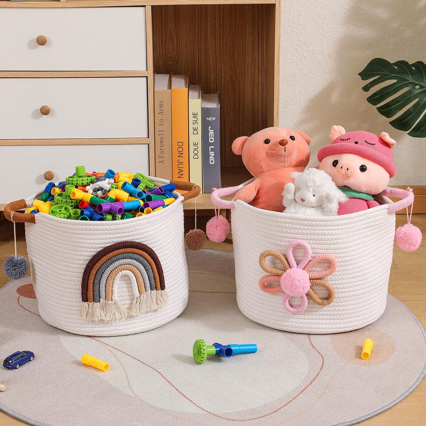 Toy Storage Baskets For Kids Cotton Rope Basket With 3D Rainbow Decor, Blanket Basket For Living Room Toys Organizer Woven Baby