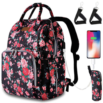 Qwreoia Floral Diaper Bag Backpack With Usb Charging Port Stroller Straps And Insulated Pocket, Travel Bag Nappy Backpack For Wo